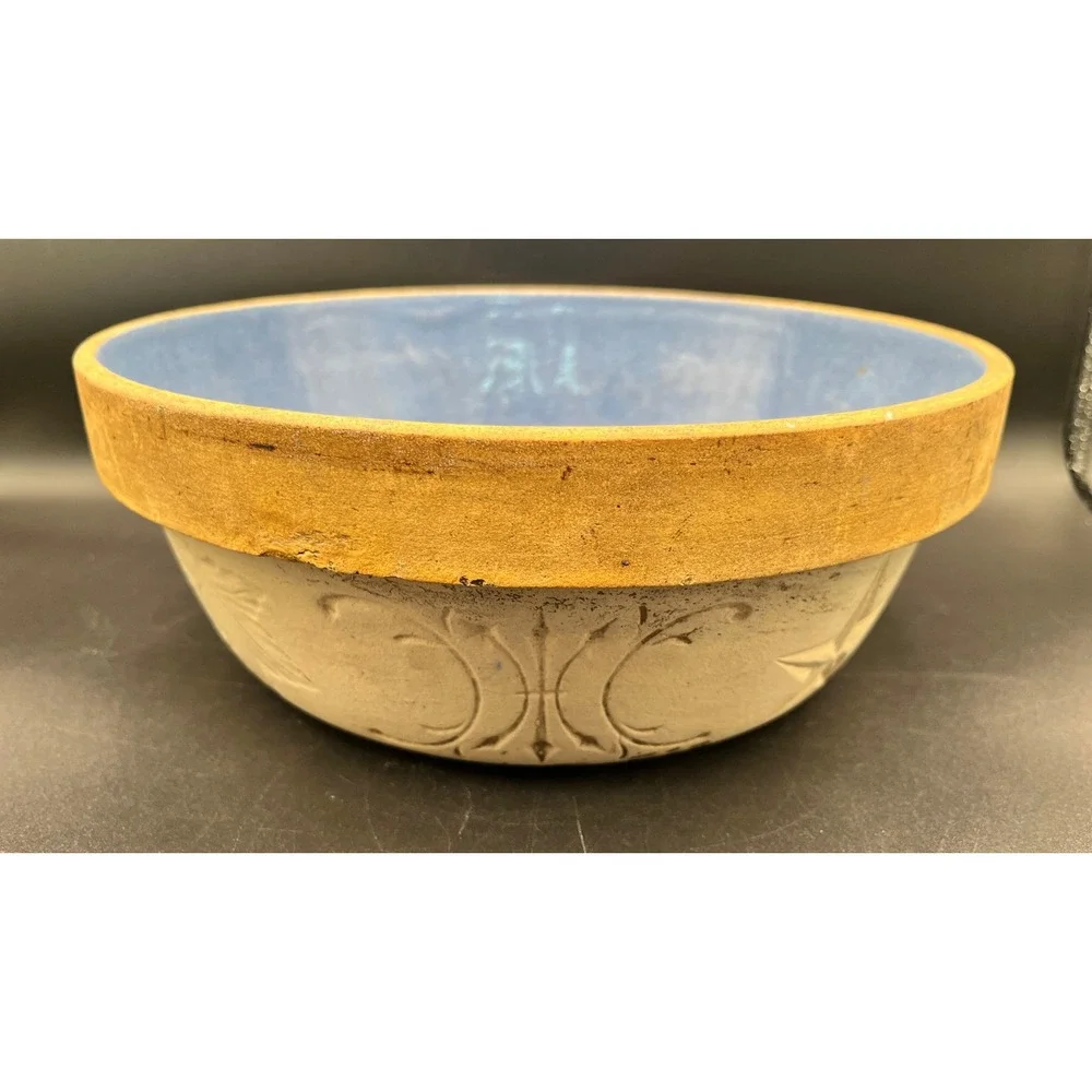 Antique Star Fire Clay Blue Glaze Stoneware Bowl Star Leaf Fleur De Lis Embossed